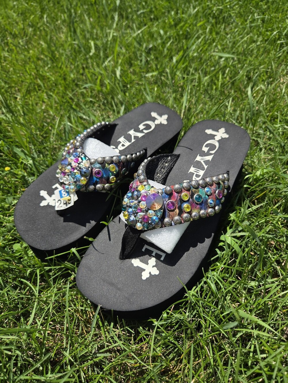 Gypsy Soule Rhinestone Embellished Platform Wedge Flip Flop Sandals Size 9